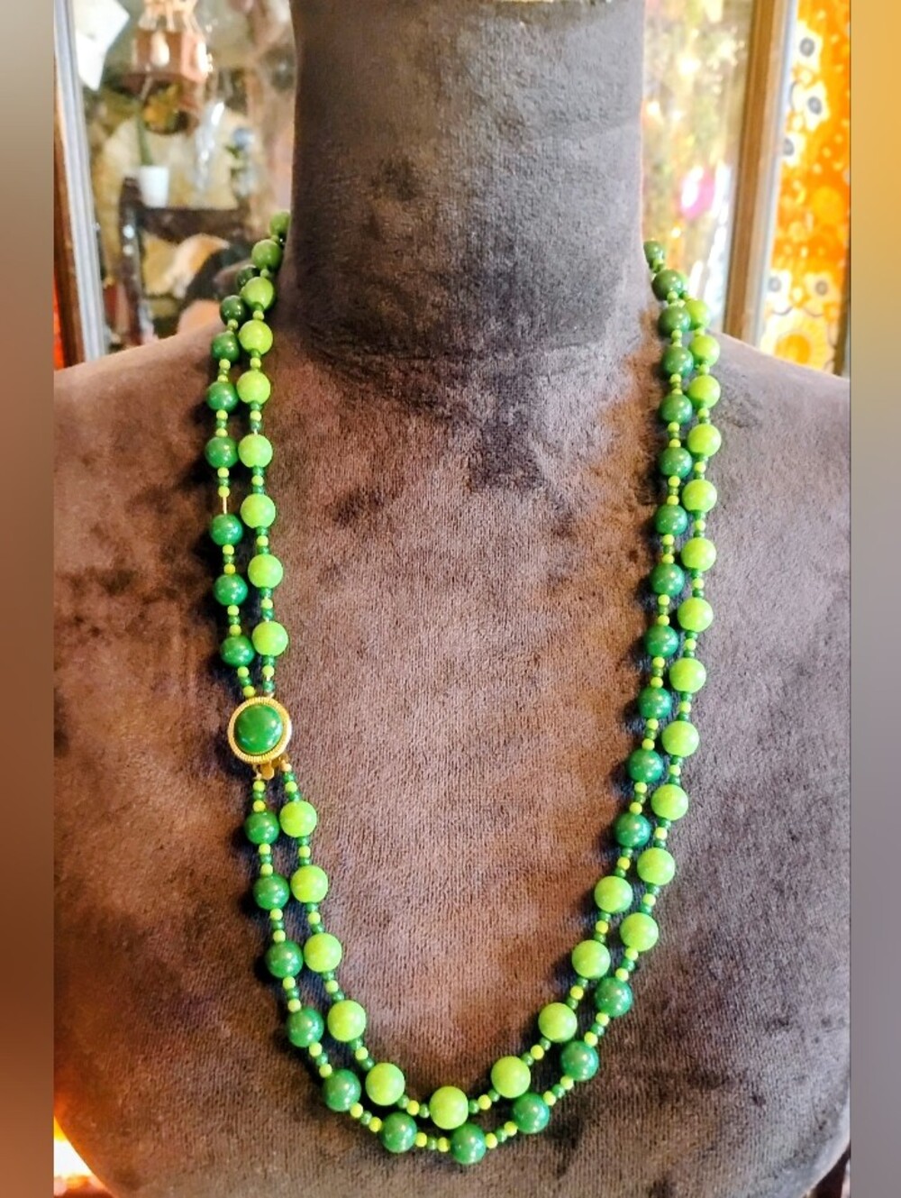 Vintage 50's Lucite Green Double-Strand Beaded Necklace - Women Jewelry
